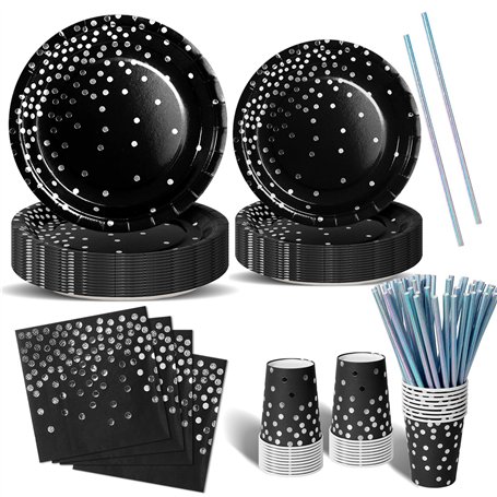 Nkaiso Anniversaire Vaisselle de fete 120 Pièces Noir et Argent Party Assiette Anniversaire Set Comprendre Assiette Jetables Pap