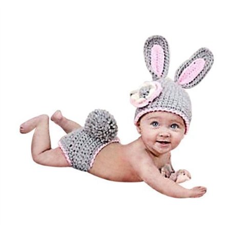Ensemble pour nouveau-né fille/garçon Crochet Costume pour photo Tenue avec bonnet Lapin gris