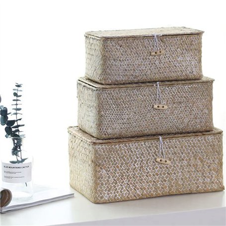 YSGLIFE Panier de Rangement Rectangulaire Tissé à la Main avec Couvercle