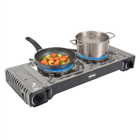 Amig - Réchaud de Camping CAMP02 - Cuisine Portable - 2X Brûleurs - Inclut Plancha - Grille en Fonte - Acier Inoxydable - Puissa