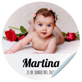 Etiquettes adhésives avec photo pour baptême. Autocollants personnalisés avec nom et date pour les cadeaux de vos invités. Mesur