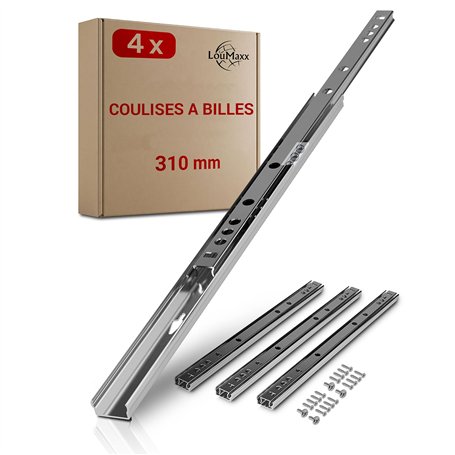 LouMaxx Lot de 4 glissières pour tiroir (2 paire) rails coulissants 310 mm 17 mm rainure - coulisse à bille facile à installer