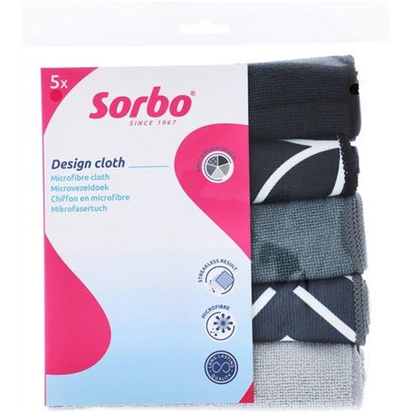Sorbo Chiffons Microfibres Grey & Black – Lot de 5 – 40 x 40 cm – Nettoyage sans Traces & sans Produits – Utilisation Sèche ou H