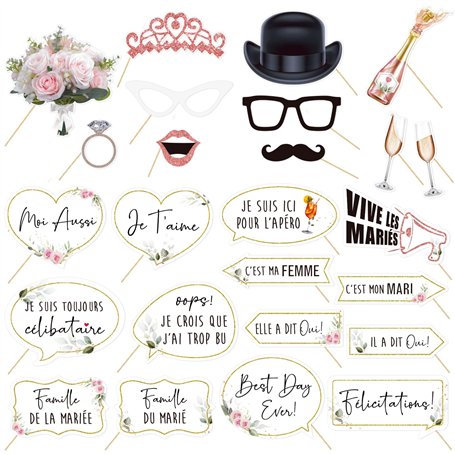 25 Mariage Accessoires de Photomaton Selfie Photobooth Props en Français pour Fête Mariage Décoration Party