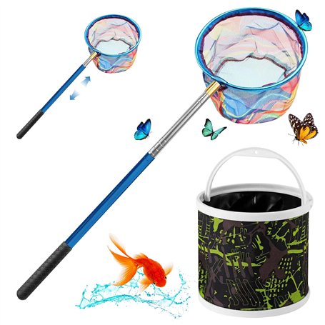 Épuisette pliable rétractable : 150 cm - Épuisette télescopique pliable avec seau - Portable - Épuisette de pêche pour étang