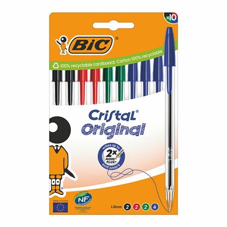 Ensemble de Stylos Bic Cristal Bleu Noir Rouge Vert (10 Unités)