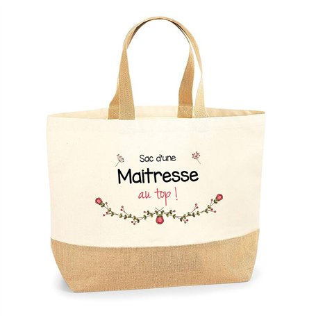 Sac Maitresse au top | Cabas de Plage Courses Coton et Toile de Jute Idée Cadeau Femme