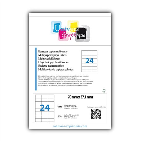 4800 étiquettes adhésives blanches multi usages. 70x37mm. Impression copieur- 200 feuilles A4 -Marque UNIVERS GRAPHIQUE REF UGE2