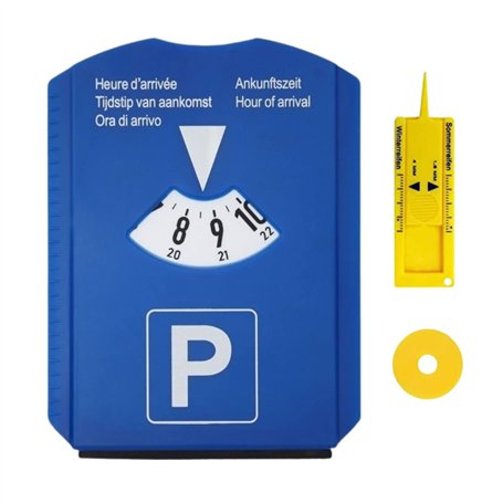 DISQUE STATIONNEMENT ZONE BLEUE avec Gratte Givre Pare Brise Voiture | Jauge de Profondeur de Pneu Auto | Jeton de Caddie | Disq