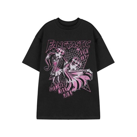 Monster High Womens T-Shirt | Ladies Fangtastic Live Tour Short Sleeve Graphic Tee in Black & Pink | Draculaura Spider Web Appar