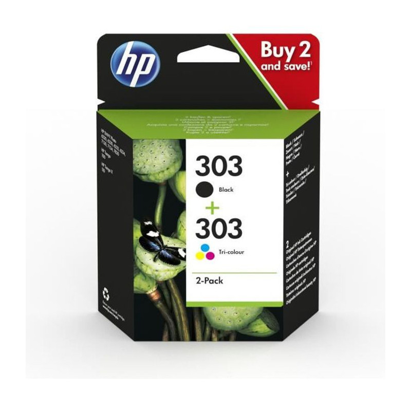 Cartouches d'encre HP 303 - Pack de 2 - Noir et Couleurs - 3YM92AE - Envy Photo 6220/6230/6232, Tango/TangoX