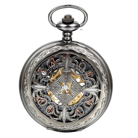 JewelryWe Montre de Poche Gousset Homme-Mécanique Manuel-Romain Chiffre Cadran-Squelette avec Sac Cadeau
