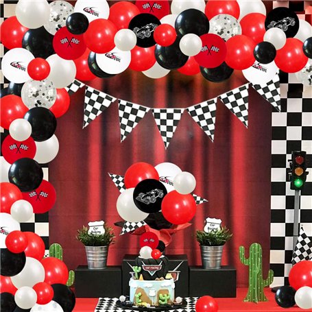 Fangleland Décorations de fête de voiture de course Kit de guirlande de ballons de drapeau à damier voiture de course rouge et n