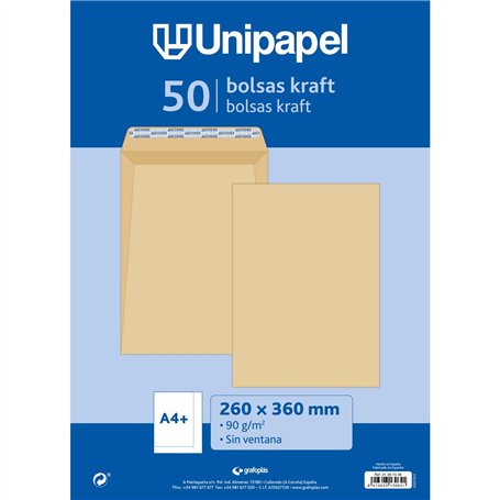Unipapel Lot de 50 enveloppes en papier kraft 90 g 260 x 360 mm avec bande autocollante en silicone Autodesk Ouverture supérieur