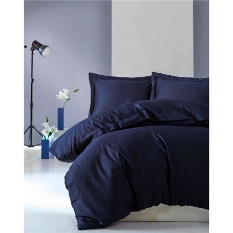 Parure de lit - 1 housse de couette 220 x 240 cm + 2 taies d'oreiller 60 x 60 cm - Satiné 100% coton - Bleu