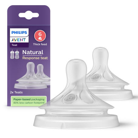 Philips Avent Lot de 2 tétines pour biberon à Réponse Naturelle 0% BPA, Débit 6 liquides épaissis pour Bébé de 6 mois + (modèle