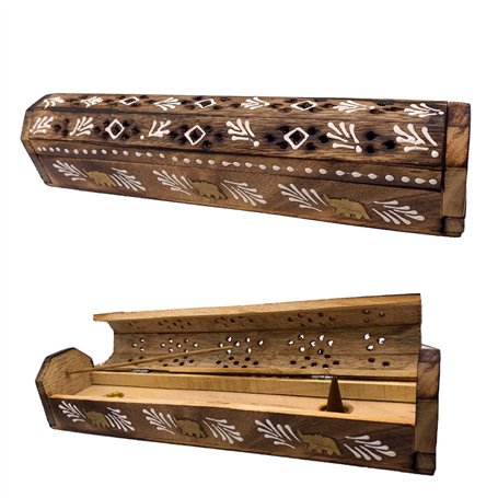 Brûleur encens (incensaire) Boîte en Bois décorée à la Main en Inde - Design Exclusif de Chevrons Blancs et éléphants 30