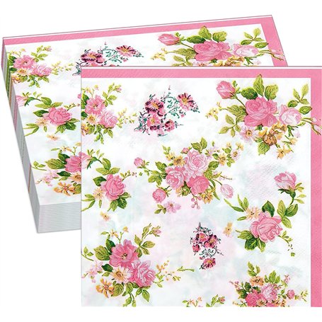 40 Serviettes Florales Vintages Serviettes de Table en Papier pour Fête à Thé Cocktail Serviettes Motif de Fleur Jetables Servie