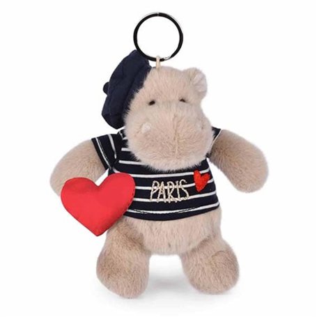 DOUDOU ET COMPAGNIE - Porte-Clés Peluche Hippopotame Marinière -14 Cm - Collection Amour de Paris - Acessoire Peluche avec Béret