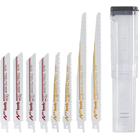 kwb Jeu de 8 lames de scie sabre pour le bois et le métal - Avec boîte de rangement - Convient aux queues de renard électriques
