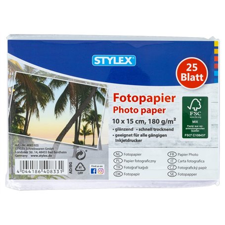 Stylex 40833 Lot de 25 feuilles de papier photo 10 x 15 cm 180 g/m² certifié FSC Blanc