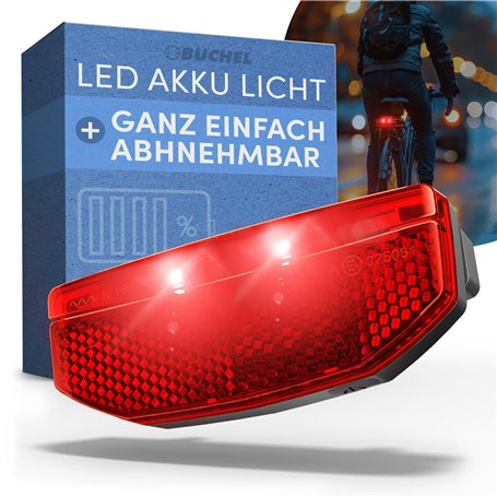 BÜCHEL Feu arrière de vélo LED pour porte-bagages - Fabriqué en Allemagne - Feu arrière de vélo rechargeable par USB-C - Montage