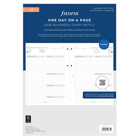 Filofax Agenda 2026 jour par page 26-68719 avec rendez-vous en 5 langues Format A4