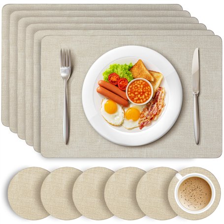 HEFTMAN Lot de 6 grands sets de table et dessous de verre beiges en cuir synthétique pour table