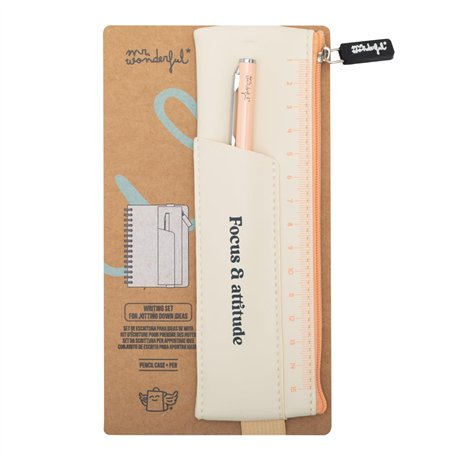 Mr. Wonderful - Ensemble d'écriture beige - Focus & attitude - Petite trousse à crayons en PU - Avec un élastique à l'arrière