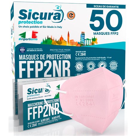 50 masques FFP2 Rose certifié CE Fabriqué en Italie Sicura BFE ≥99% SANITIZÉ et scellé individuellement EN 149:2001+A1:2009