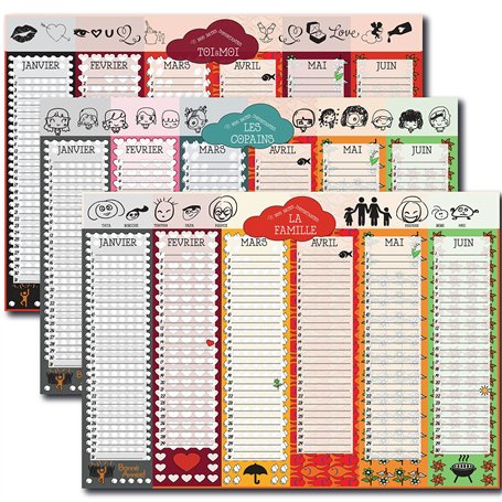 Pack de trois calendriers perpetuels anniversaires et dates importantes - Famille couple et copains - Français