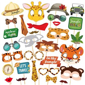 Dusenly Lot de 30 accessoires de photomaton d'animaux amusants à faire soi-même - Accessoires photo de la jungle - Animaux de la