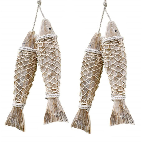WANGCL Lot de 4 poissons décoratifs en bois à suspendre - Décoration murale en bois sculpté à la main - Décoration murale pour m