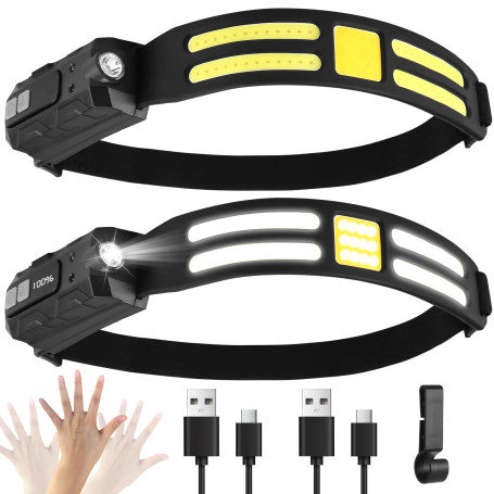 Lot de 2 lampes frontales LED rechargeables - Capteur intelligent avec 6 modes d'éclairage - Affichage numérique de la batterie