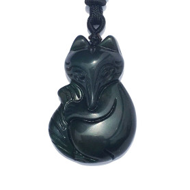 Bella Jade Fox Pendant Necklace Amulet/Talisman, Made of Black Obsidian Gemstone, with Necklace Cord Bella Jade Fox Pendant Necklace Amulet/Talisman