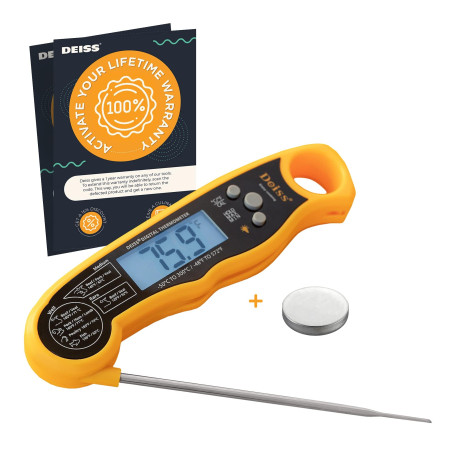 Deiss PRO Thermomètre Cuisine Digital - Sonde de Temperature Pliable - Avec Écran LED RétroÉclairage - Thermomètre Cuisson pour