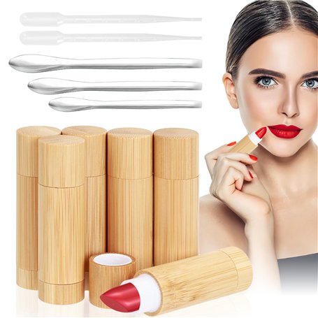 6PCS Tube de Rouge à Lèvres en Bambou 5ML Contenants Vides de Baume à Lèvres
