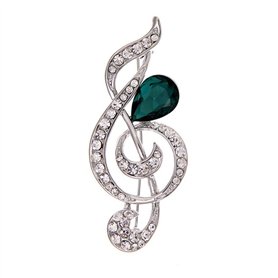Broche Belons tendance en forme de note de musique/clé de sol avec strass et cristal vert en forme de goutte, pour femme Broche Belons tendance en forme de note de musique/clé de sol avec strass et cristal vert en forme de goutte