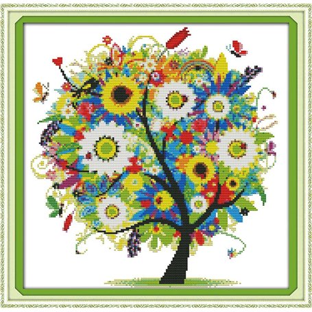 Benway Kit de broderie au point de croix compté Motif arbre en fleurs 14 points/cm² 36 x 36 cm