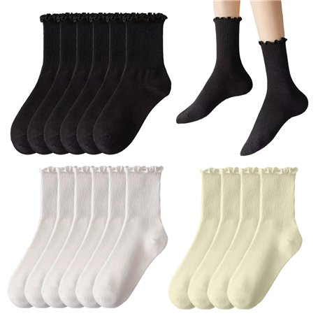 COACOM Lot de 8 paires de chaussettes à volants en coton plissé pour femme - Chaussettes élastiques mi-mollet (noir