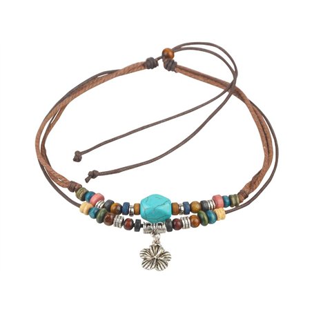 Collier ras-de-cou en cordon de chanvre marron fait main avec perle turquoise et pendentif fleur argenté – Ajustable par perle e
