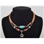 Collier ras-de-cou en cordon de chanvre marron fait main avec perle turquoise et pendentif fleur argenté – Ajustable par perle e