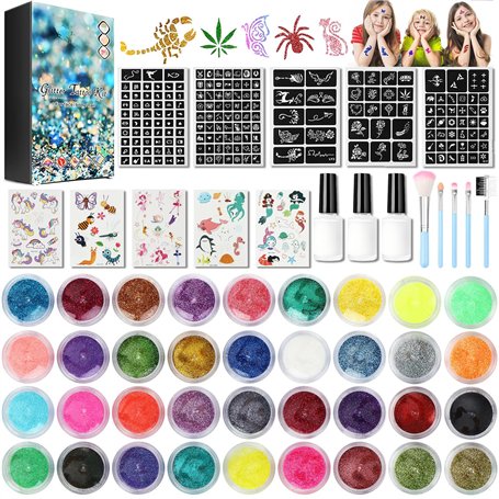 Kit de Tatouage à Paillettes Enfant 36 Couleurs Kit Tatouage Paillettes Enfant Filles 200 Pochoir Tatouage