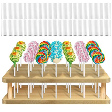 GOEDCH Présentoir à Cake Pops: Support à Sucettes en Bois à 21 Trous avec 100 Bâtonnets en Papier Blanc