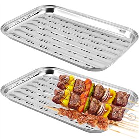 GOMETY Lot de 2 bacs à barbecue en acier inoxydable - 34,5 x 24,2 x 2,7 cm - Réutilisable - Panier à légumes - Accessoire d'exté GOMETY Lot de 2 bacs à barbecue en acier inoxydable - 34