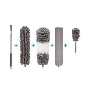 HUIEYE 5 PièCes Plumeau PoussièRe Microfibre avec PoignéE en Acier Inoxydable Lavable RéUtilisable Nettoie Coins PoussièRe Longu