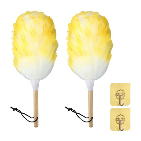 Lot de 2 plumeaux réutilisables en laine d'agneau - Petit plumeau à main pour le nettoyage - Poignée en bois avec crochet pour p