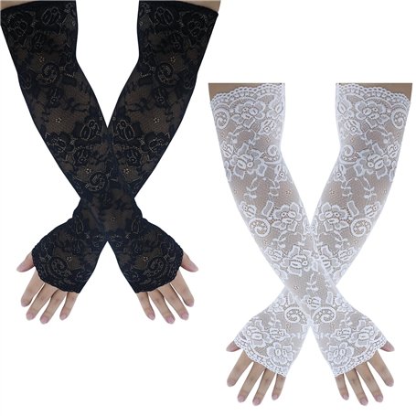 SZYLJSY Lot de 2 gants longs sans doigts en dentelle pour femme - Longueur du coude - Motif floral - Pour mariage - Pour les ann