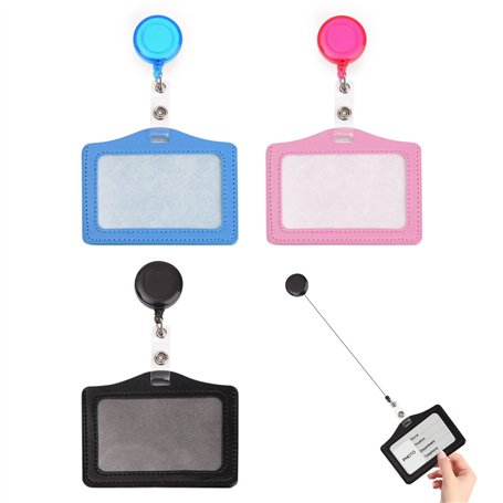 Lot de 3 pochettes pour cartes d'identité en cuir avec clip - Porte-badge portable - Rétractable - Pour événements d'affaires