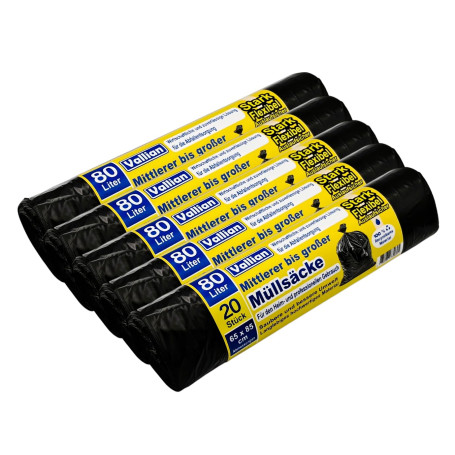 Vallian - Sacs poubelle de 80 litres - Dimensions : 65 x 85 cm - 20 sacs par rouleau - Résistants à la déchirure